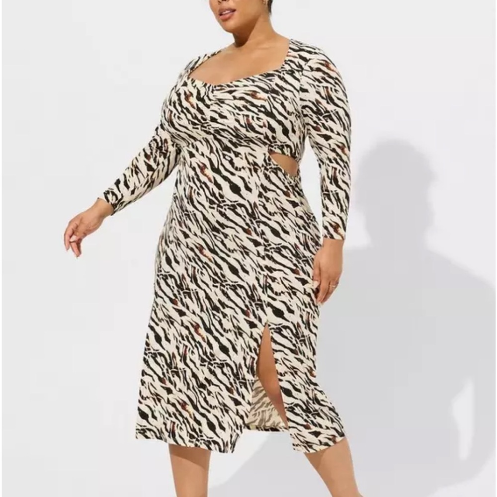 Torrid Zebra Print Cutout Midi Dress Size 1 Long Sleeve Side Slit
